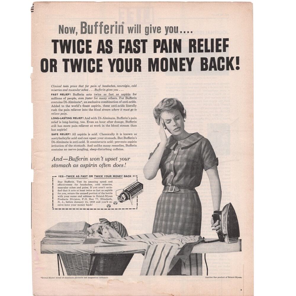 Bufferin Pain Relief Magazine Advertisement 1958 Vintage Headache Medicine Women